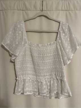 Astr White Smocked Square-Neck Eyelet Peasant Top
